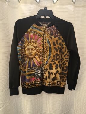 Sun Medallion & Leopard Zip-Up Sweater Jacket - Black/Gold